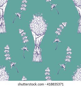 Vector seamless Lavender pattern on green. Hand drawn vintage herbal sketch for fabric, wrapping and other seamless design.
