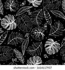 Vector seamless leaf pattern with butterfly.  Black and white background. Trendy design concept for fashion textile print. Nature illustration.