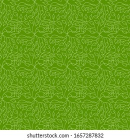 Hojas vectoriales sin fisuras sobre fondo verde. Patrón de pluma dibujado a mano.