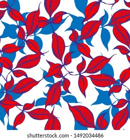 Vector seamless leaves pattern. Red and blue leaves with black ink outline engraved on white background. Trendy elegant design concept for fashion textile print.