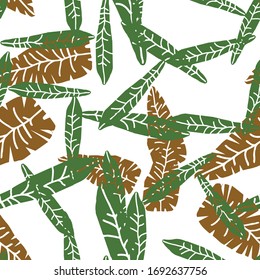 Vector Seamless Leaves Print. Pattern Floral Bloom Wallpaper. Trend Figure Repeat Wrapping Ornament. Tropically Fashion Background. Vector Endless Paper.