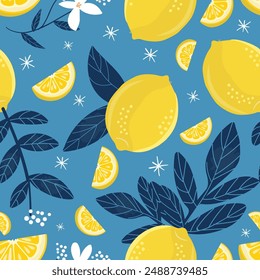 Patrón de Vector de frutas de limón sin costura con fondo azul claro.