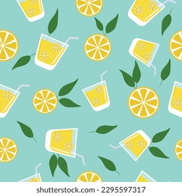 Vector seamless lemon pattern. Pattern with lemonade and lemon slices. Design for fabric, packaging, tablecloth, wallpaper.