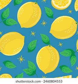 Vector seamless lemon pattern on blue background with star for mural and print usage

