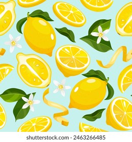 Vector seamless lemons pattern with blossom flowers, whole, half, slices lemons isolated on mint background.