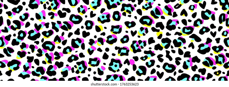Vector seamless leopard colorful print. Minimal cute animal children pattern with little heart. Fabric for leggings, tote makeup bag, carry-all pouch, pillow, t-shirt design. Black, yellow, blue, pink