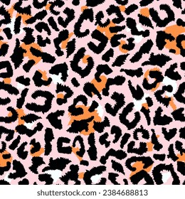 Vector seamless leopard pattern, black spots on a pink background. Fashionable background for fabric, paper, clothing. Animal pattern.	