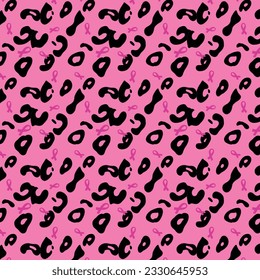 Vector seamless leopard pattern with pink ribbon, black spots on a pink background classic design, breast cancer awareness