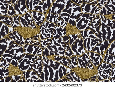 Vector patrón de piel de leopardo sin fisuras, concepto de arte kintsugi, brillo dorado, negro, colores blancos