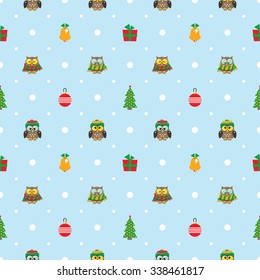 Vector seamless light blue pattern with christmas decorations and little cute owls dressed scarfs and hats. Can be used for wrapping paper