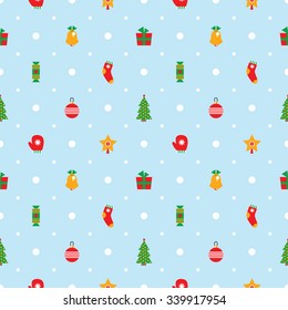 Vector seamless light blue pattern with christmas decorations and dots. Can be used for wrapping paper.