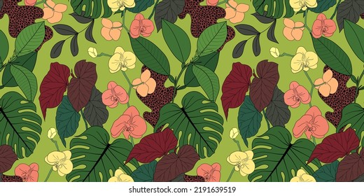 VECTOR SEAMLESS LIGHT GREEN BANNER WITH BLOOMING ORCHIDS AND COLORFUL TROPICAL PLANTS