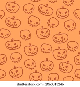 Vector seamless light pattern with pumpkins and skulls. Halloween cartoon background.