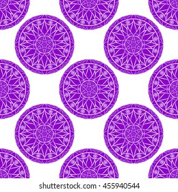 Vector Seamless Lilac Floral Mandala Pattern. Seamless pattern for your designs, invitation card, meditation, astrology and other wrapped projects. Fabric Mandala Pattern. Pattern in swatches panel.