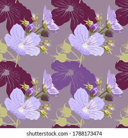 Vector seamless lilac wildflowers with buds on beige background, for fabric design, textiles, prints.