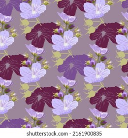 Vector seamless lilac wildflowers with buds on beige background, for fabric design, textiles, prints.