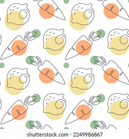 Vector seamless line art fruit pattern. Healthy food wallpaper. Texture with a lemons and carrot. 