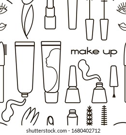 Vector seamless line art pattern with cosmetic products : tone cream, lipstic, nail polish, mascara, pencil  and eye with brow, lips , tulip flower. Feminine  black and white beauty design 