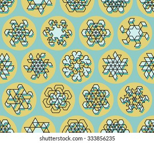 Vector Seamless Line Art Stroke Offset Geometric Teal  Snowflake Shape on Yellow Circle Abstract Background