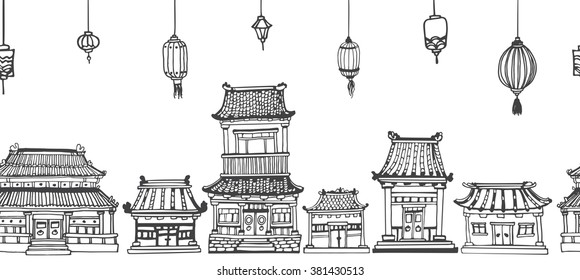 Vector seamless line black and white panorama of asian old town with oriental architecture and festive lanterns.