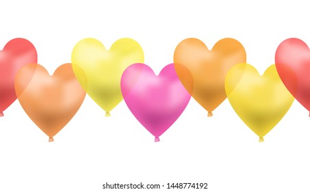 Vector Seamless Line of Heart Shaped Balloons, Red, Pink, Yellow, Orange Brigth Colors, Colorful Illustration, Love Symbol, Fun Concept, Isolated on White Background Element.