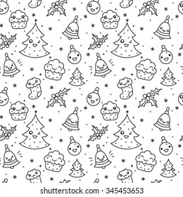Vector seamless line kawaii Christmas and New Year background