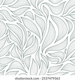 Vector seamless line leaves pattern, abstract floral texture, organic plant illustration. Tea leaves, spring wave decor, background foliage