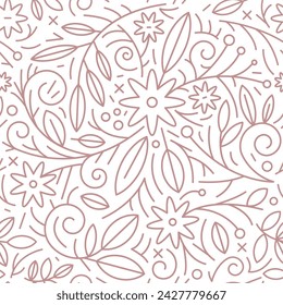 Vector seamless line nature pattern. Flowers, swirls organic package design, summer herbal template. Leaves minimal style ornament.