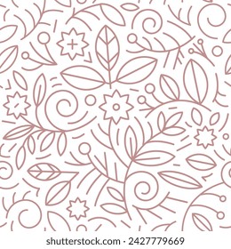 Vector seamless line nature pattern. Flowers, swirls organic package design, summer herbal template. Leaves minimal style ornament.
