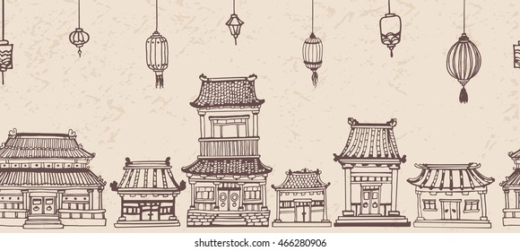 Vector seamless line sepia panorama of asian old town with oriental architecture and festive lanterns. For web backdrop, typography, etc.