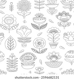 Vector seamless linear black and white pattern. Geometric floral repeatable background. Folkloric motif.