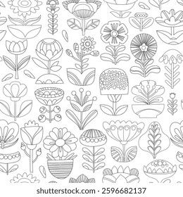 Vector seamless linear black and white pattern. Geometric floral repeatable background. Folkloric motif.