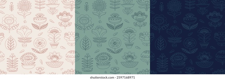 Vector seamless linear minimalistic patterns. Geometric floral repeatable backgrounds. Folkloric motifs various color combinations.