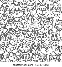 Vector seamless linear pattern of cats and cats, in a row, with different characters and emotions. Gray line on a white background for children, wallpaper, illustrations, textiles, characters, cartoon