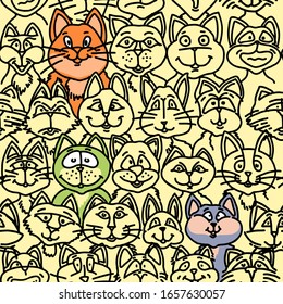 Vector seamless linear pattern of cats and cats, in a row, with different characters and emotions. Black line on a beige background for children, wallpaper, illustrations, textiles, characters, cartoo