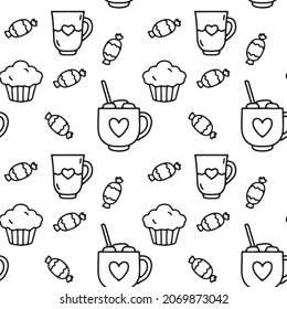 Vector seamless linear pattern with cupcake, cup of coffee and marshmallows, sweets. Illustration of sweets for menu decoration, textiles and packaging