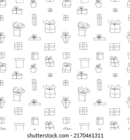Vector seamless linear pattern of holiday boxes with bows, ribbons for gifts