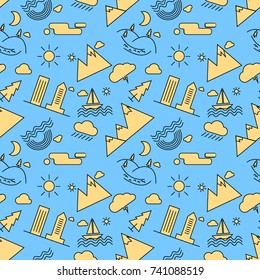Vector seamless linear pattern with icons of city landscape elements forest flora and fauna on a blue backgroun. Trendy graphic style. EPS
