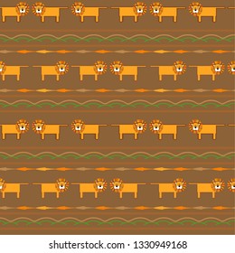 Vector seamless linear pattern with lions isolated on the brown background. Animal background for fabric or wallpaper design. 
