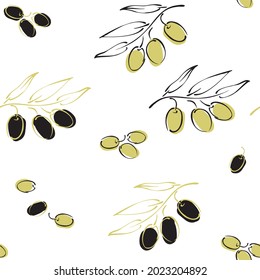 Vector seamless linear pattern with olives on a branch with a black outline on a white background. Template for packaging, stationery, gifts, textiles, clothing, calendars, menus.