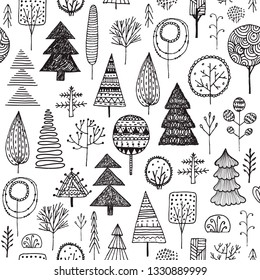 Vector Seamless linear texture with ornamental trees. Endless hand drawn black and white pattern. Template for design textile, backgrounds, packages, wrapping paper