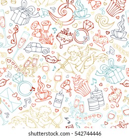 Vector seamless linear Valentine's pattern. Cartoon outlines objects on white background. Love signs, design elements and symbols.