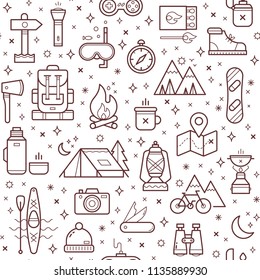 Vector, seamless, line-art pattern with camping symbols.