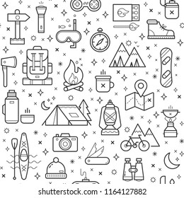 Vector, seamless, line-art pattern with camping symbols.