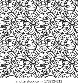 Vector seamless lined black and white pattern of ornamental tropical leaves