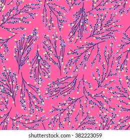 vector seamless little naive graphical stylized buckets of flowers pattern, gentle romantic thin branches with circles, spring summer mood, unusual background print