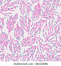 vector seamless little naive graphical stylized buckets of flowers pattern, gentle romantic thin branches with circles, spring summer mood, unusual background print