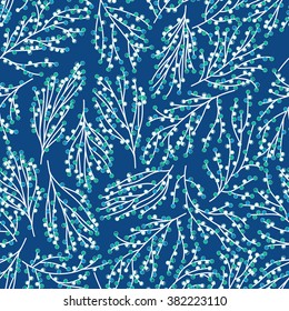 vector seamless little naive graphical stylized buckets of flowers pattern, gentle romantic thin branches with circles, spring summer mood, unusual background print