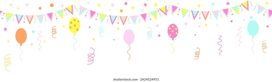 Vector seamless long background with flags garlands, balloons, confetti, streamer, isolated on a white.
