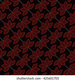 Vector Seamless Lotus flower pattern. Dotted pattern. Oriental traditional ornament in Buddhist Temple colors. Floral background. Mosaic of dots. Vector Illustration.